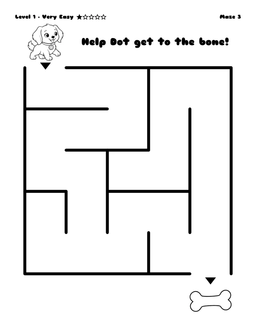 Help Dot get to the bone - free printable maze, very easy level