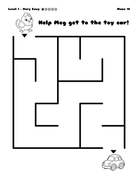 Help Meg get to the toy car - free printable maze, very easy level