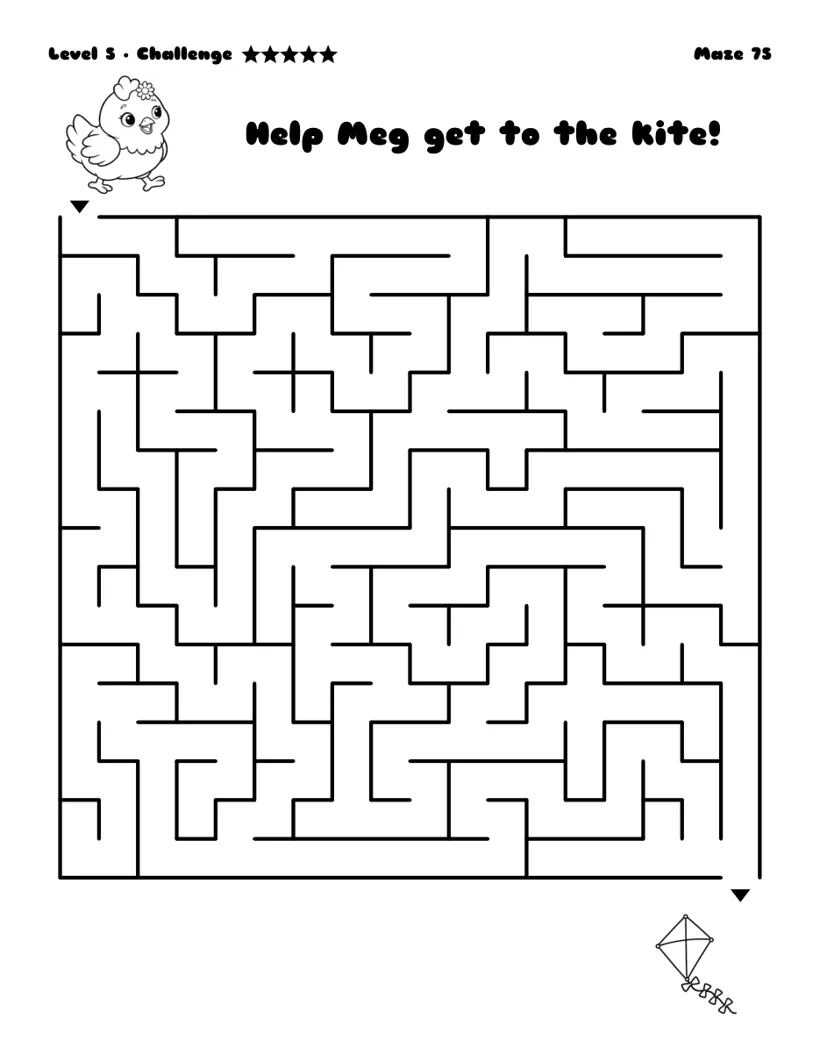 Help Meg get to the kite - free printable maze, challenge level