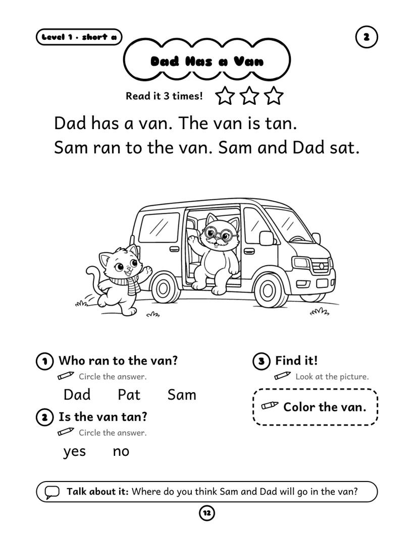 Dad Has a Van - free decodable story, short a