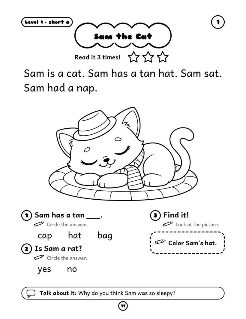 Sam the Cat - free decodable story, short a