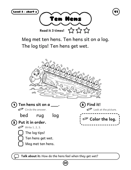 Ten Hens - free decodable story, short e